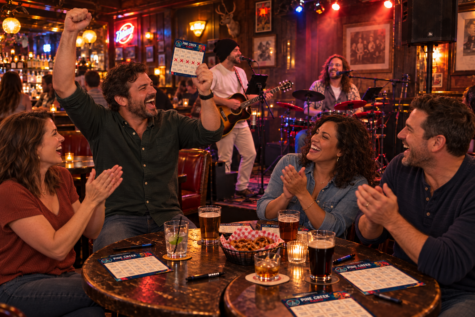 Friends celebrating a music bingo win while Pine Creek Radio performs live in a bar.